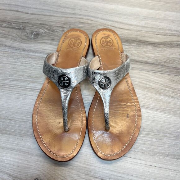 Tory Burch Sandals Cameron Size 7M Pewter Croc Embossed Leather Thong Flats - Picture 6 of 10